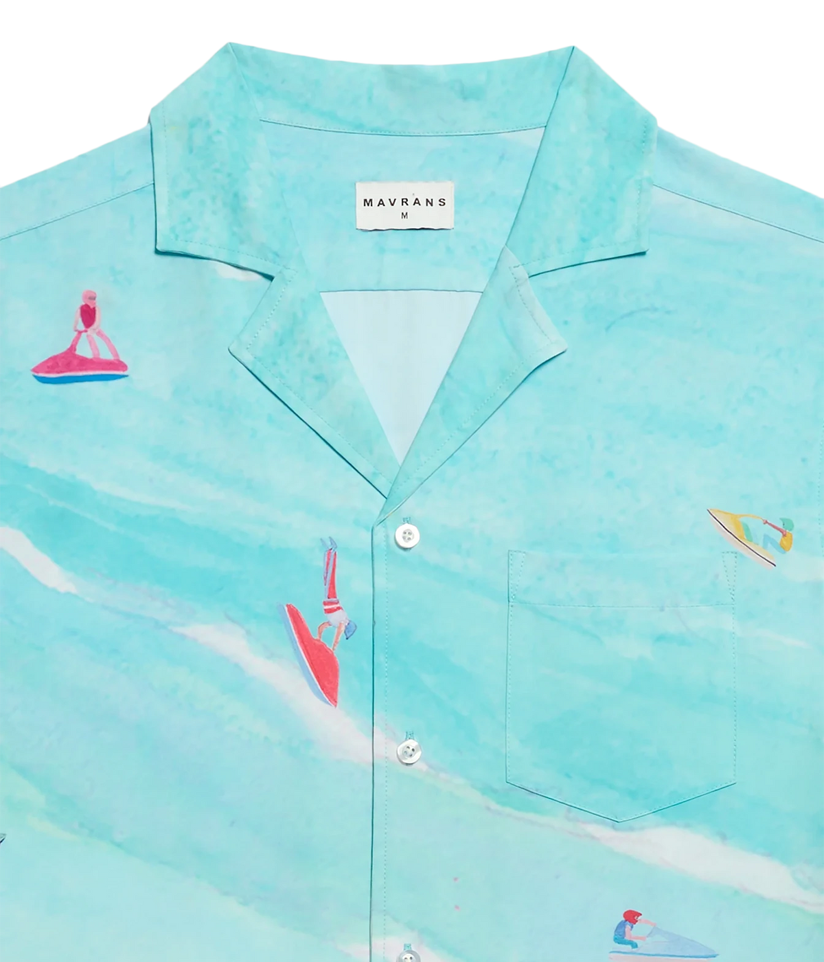 A light aqua short-sleeve button-up shirt with a watercolor-style print of surfers and a pink yoga figure, featuring a collar, chest pocket, and a visible MAYRANS brand label.