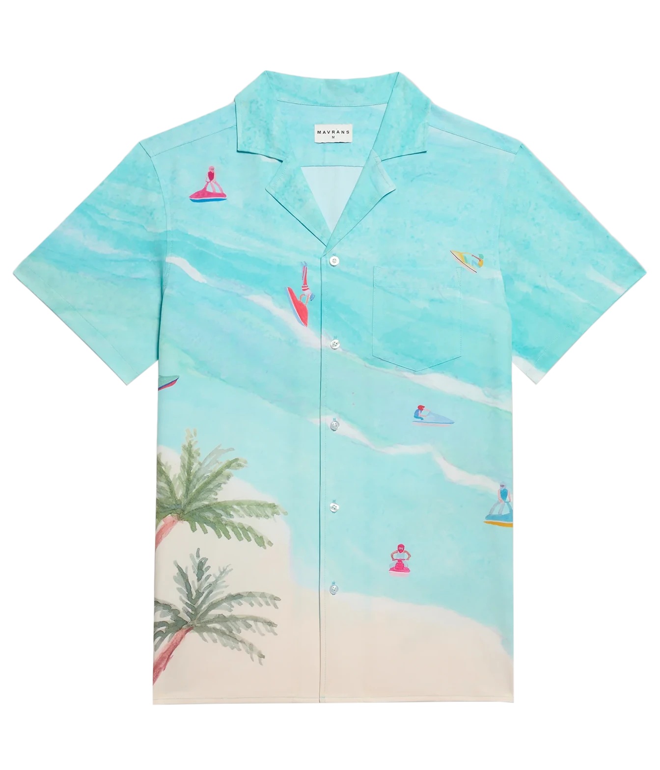 A short-sleeve button-up camp shirt by Mikaela Davis featuring a tropical beach print with turquoise water, palm trees, and small surfers on a white background.