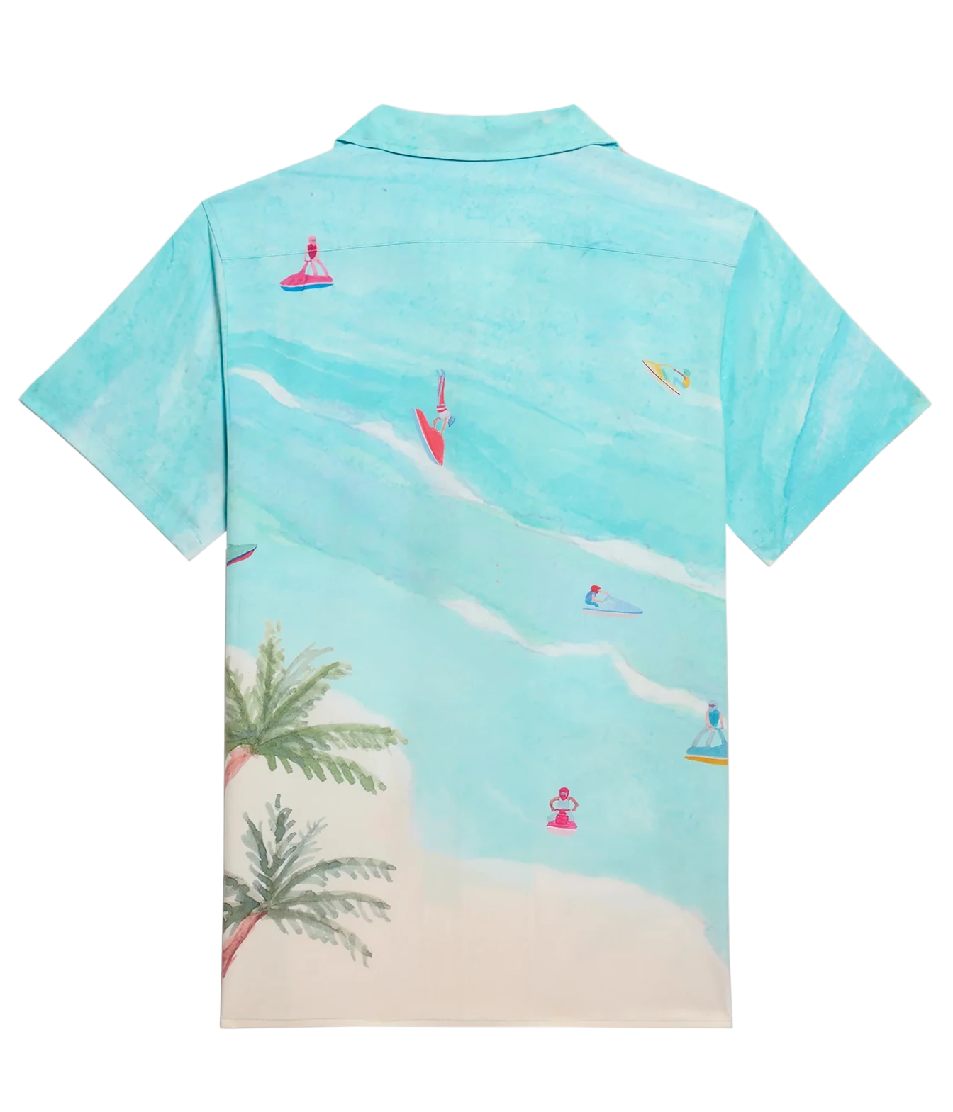 A short-sleeve camp collar shirt shown from the back, featuring a watercolor-style beach print in turquoise and light blue with palm trees, sand, and small surfers on the water.