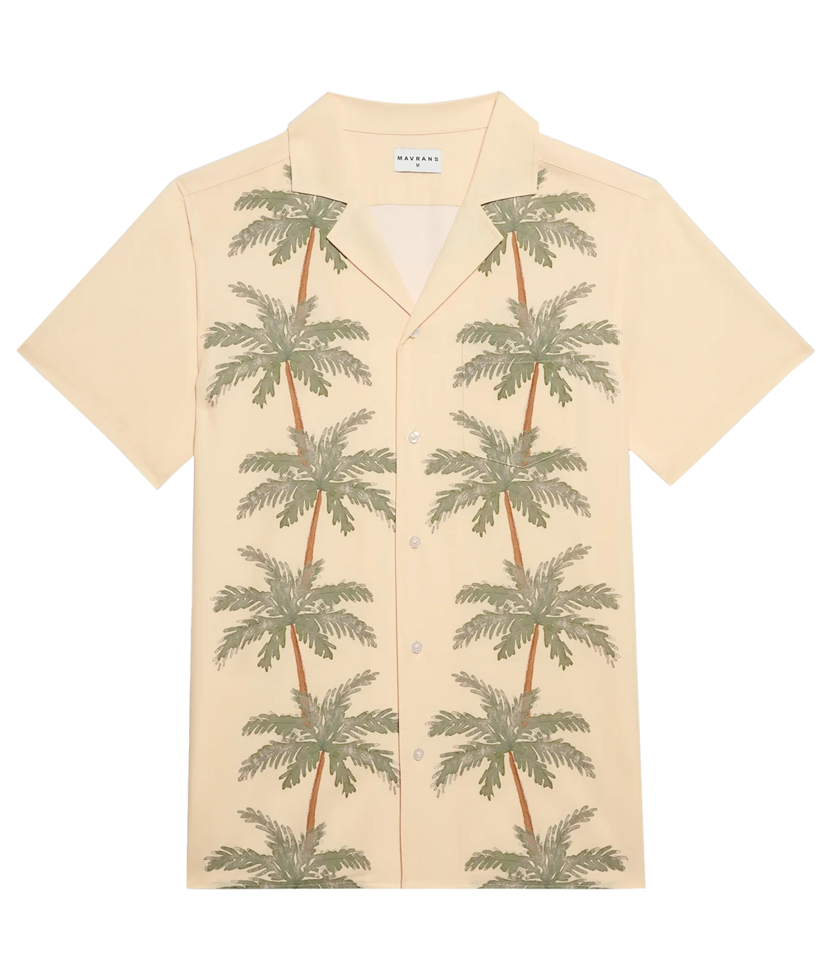 A short-sleeve button-up camp shirt in cream with a green palm tree print, shown flat against a white background.