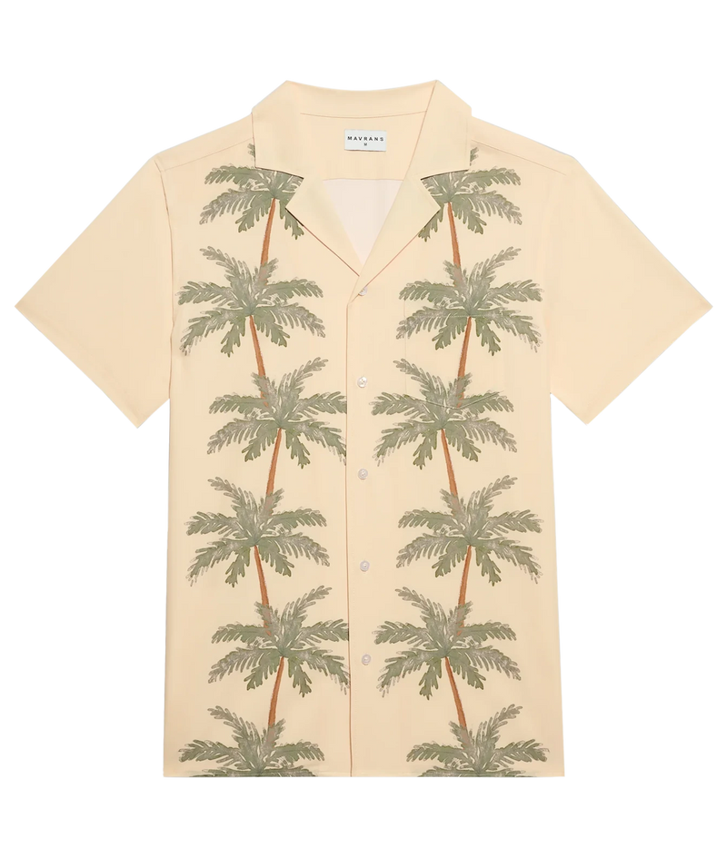 A short-sleeve button-up camp shirt in cream with a green palm tree print, shown flat against a white background.
