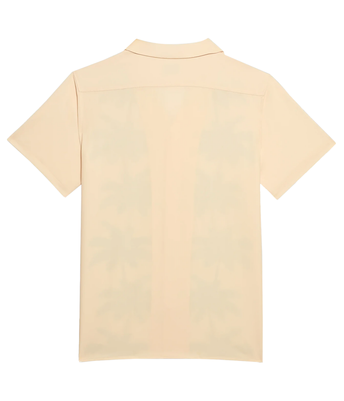 A short-sleeve collared shirt shown from the back, in a pale peach-beige color with a subtle tonal vertical pattern.