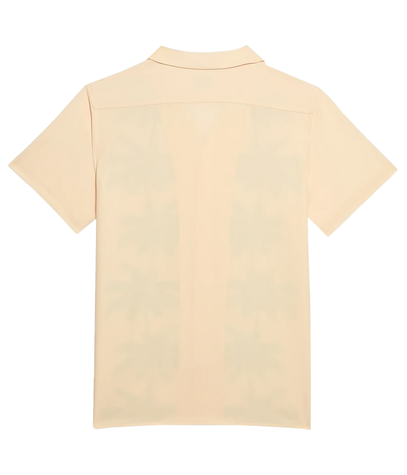 A short-sleeve collared shirt shown from the back, in a pale peach-beige color with a subtle tonal vertical pattern.