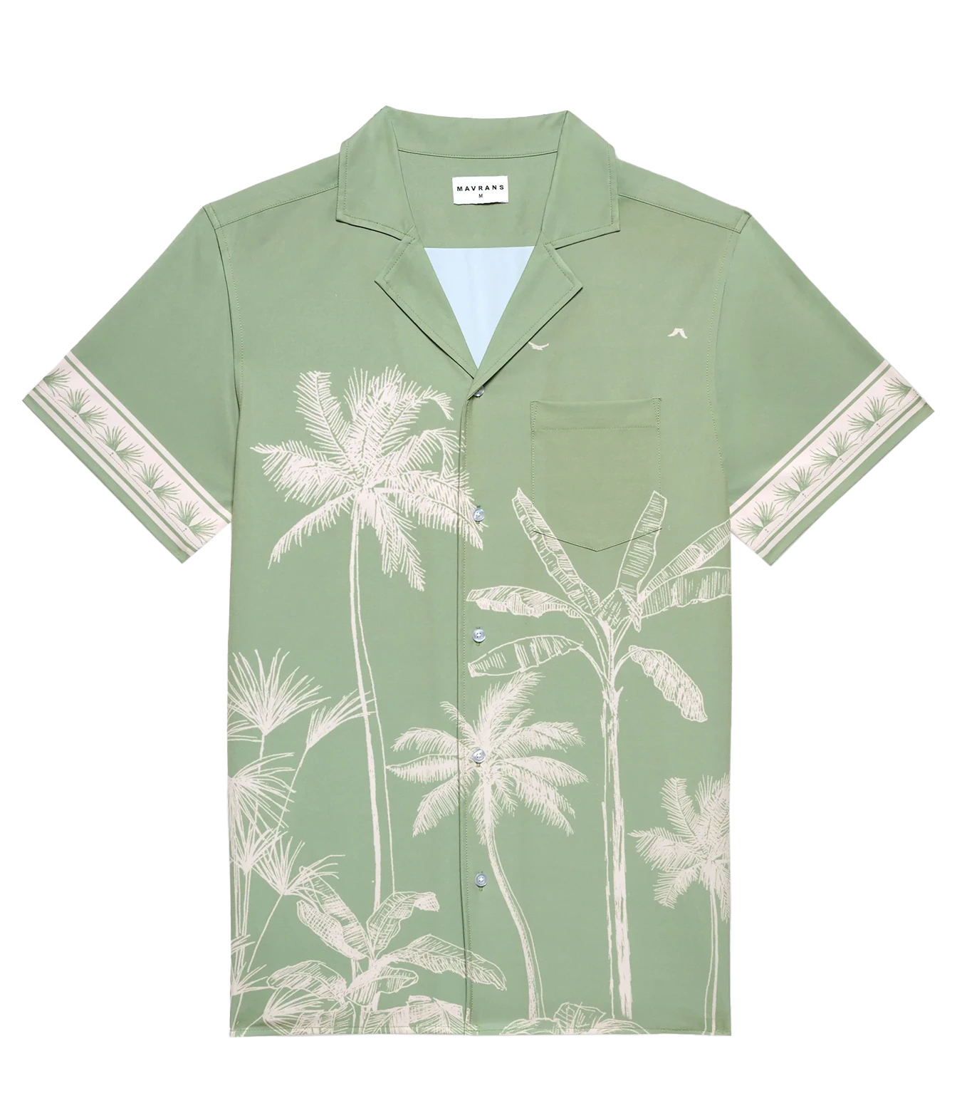 A sage green short-sleeve camp collar shirt with a white palm tree and tropical leaf print, featuring patterned cream cuffs and a chest pocket.