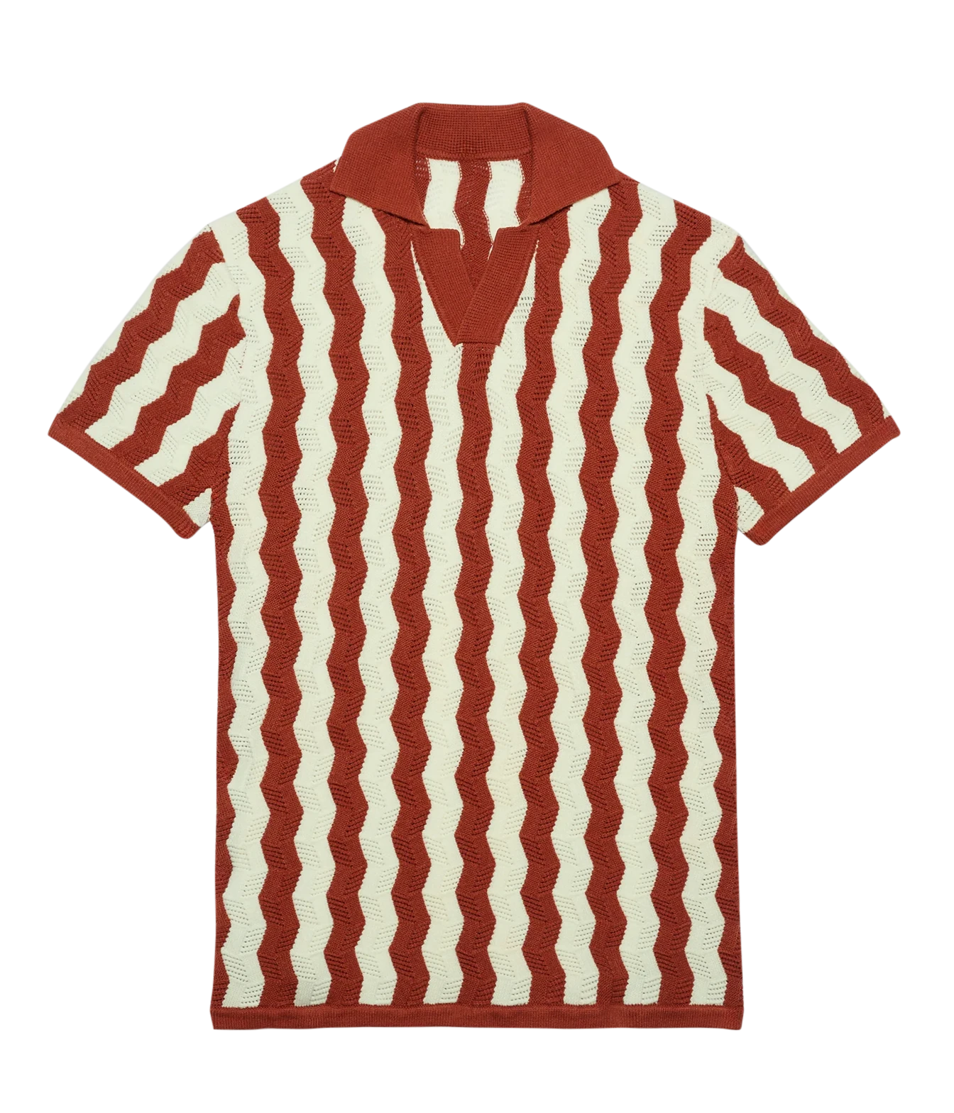A short-sleeve knit polo shirt with vertical wavy stripes in rust red and cream, shown flat against a white background.