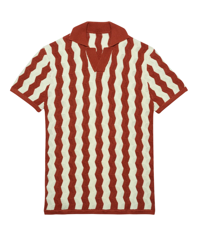 A short-sleeve knit polo shirt with vertical wavy stripes in rust red and cream, shown flat against a white background.