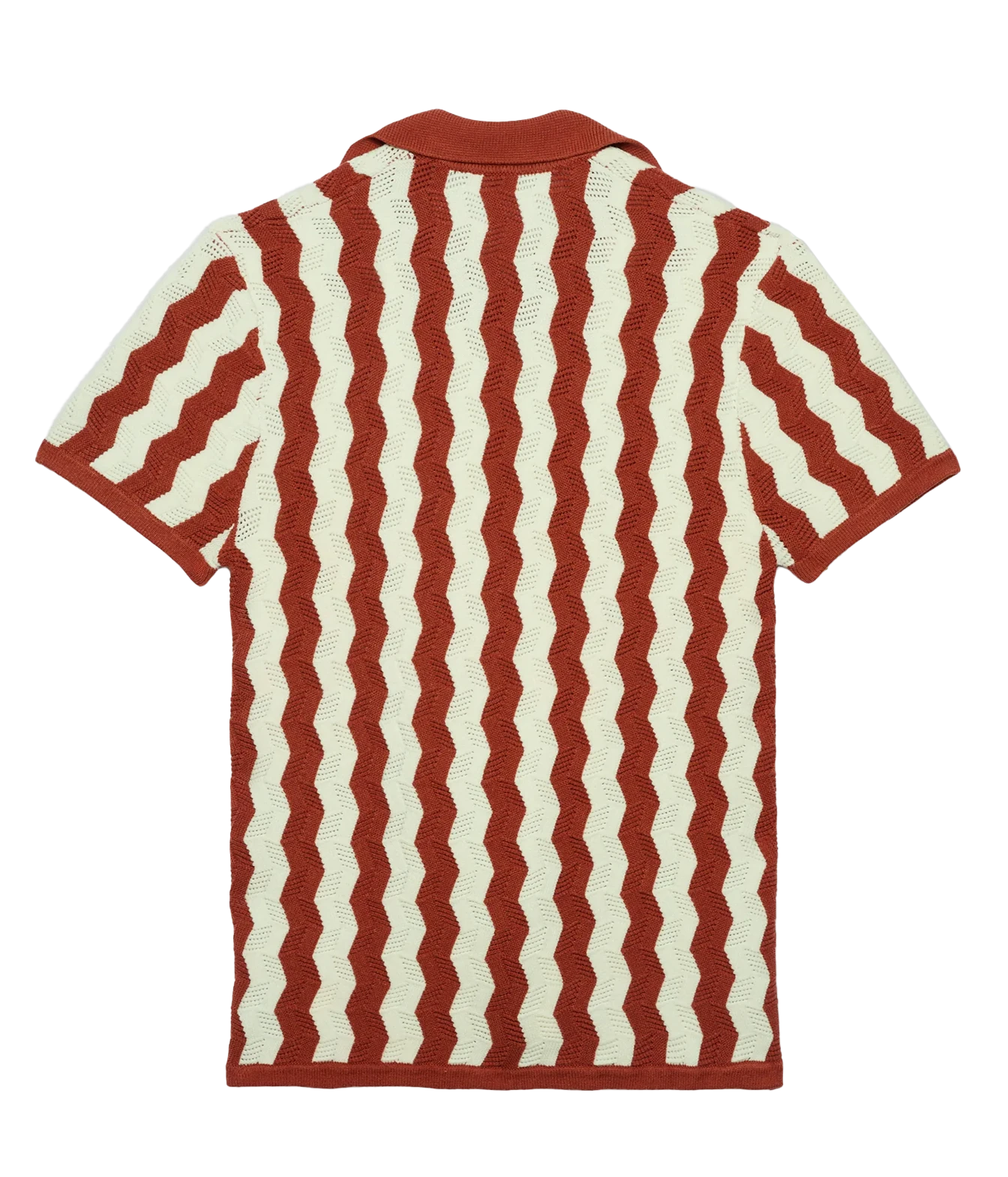 A short-sleeve knit polo shirt shown from the back, featuring a wavy vertical stripe pattern in rust red and cream.