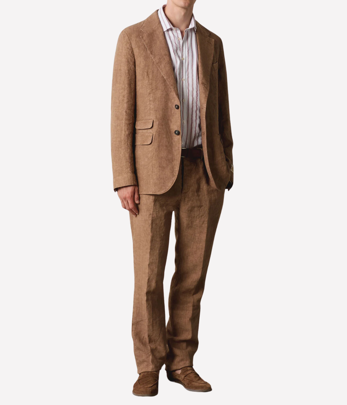 Model wearing Massimo Alba Sloop Linen Suit Jacket in Clay featuring a regular-fit jacket and tailored linen trousers