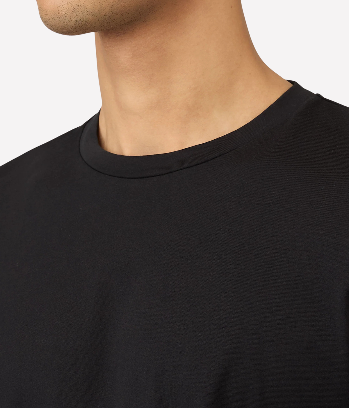 Sunspel Long Sleeve Riviera T-Shirt in Black close-up of crew neckline and smooth Supima cotton texture