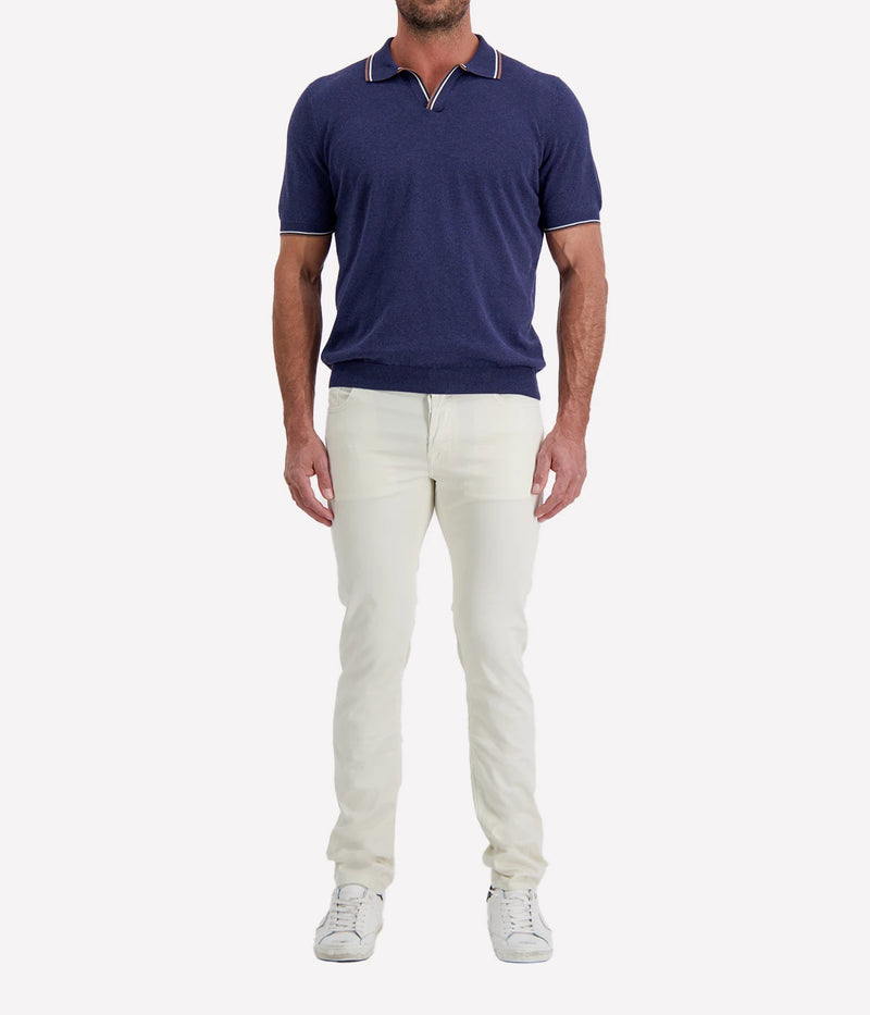 Tennis Short Sleeve Polo in Faded Navy Brown Strip