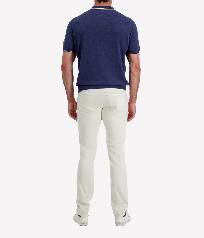Tennis Short Sleeve Polo in Faded Navy Brown Strip