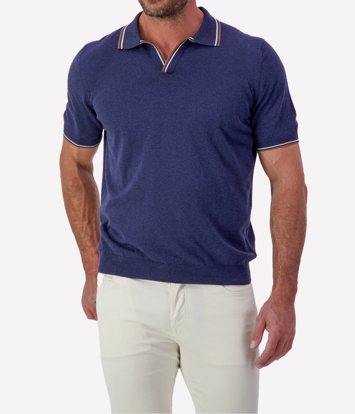 Tennis Short Sleeve Polo in Faded Navy Brown Strip