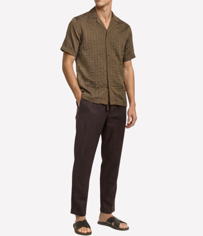 Orlebar Brown Maitan Villa Stripe Shirt in Bronze front view on model.