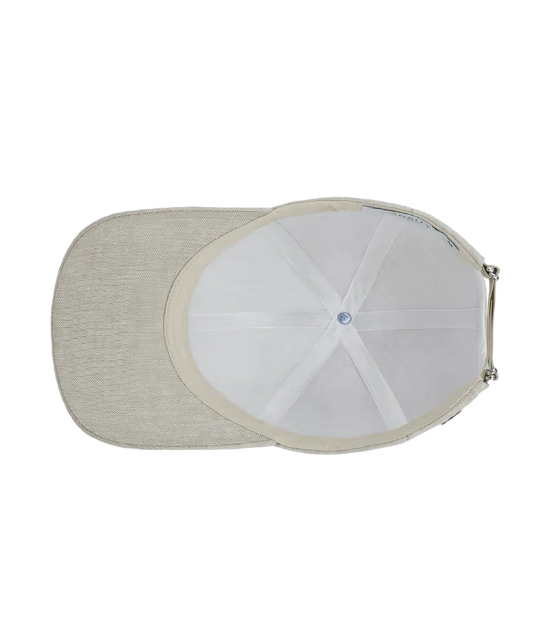 Inside view of Varsity Headwear Linen Legacy Structured Cap in Hampton Beige showing the taped seams, lining and underside of the brim
