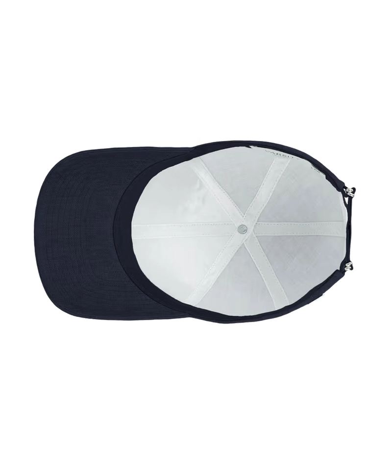 Inside view of Varsity Headwear Linen Legacy Structured Cap in Deep Sea Navy showing the taped seams, lining and underside of the brim
