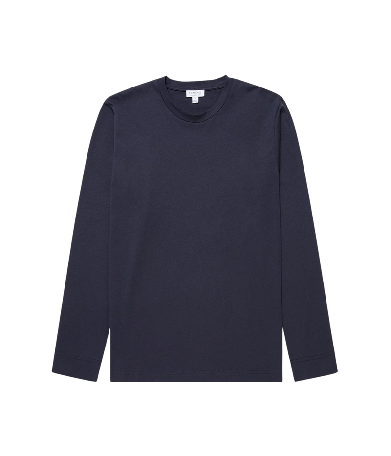 Sunspel Long Sleeve Riviera T-Shirt in Navy flat lay view of slim-fit midweight Supima cotton long sleeve tee