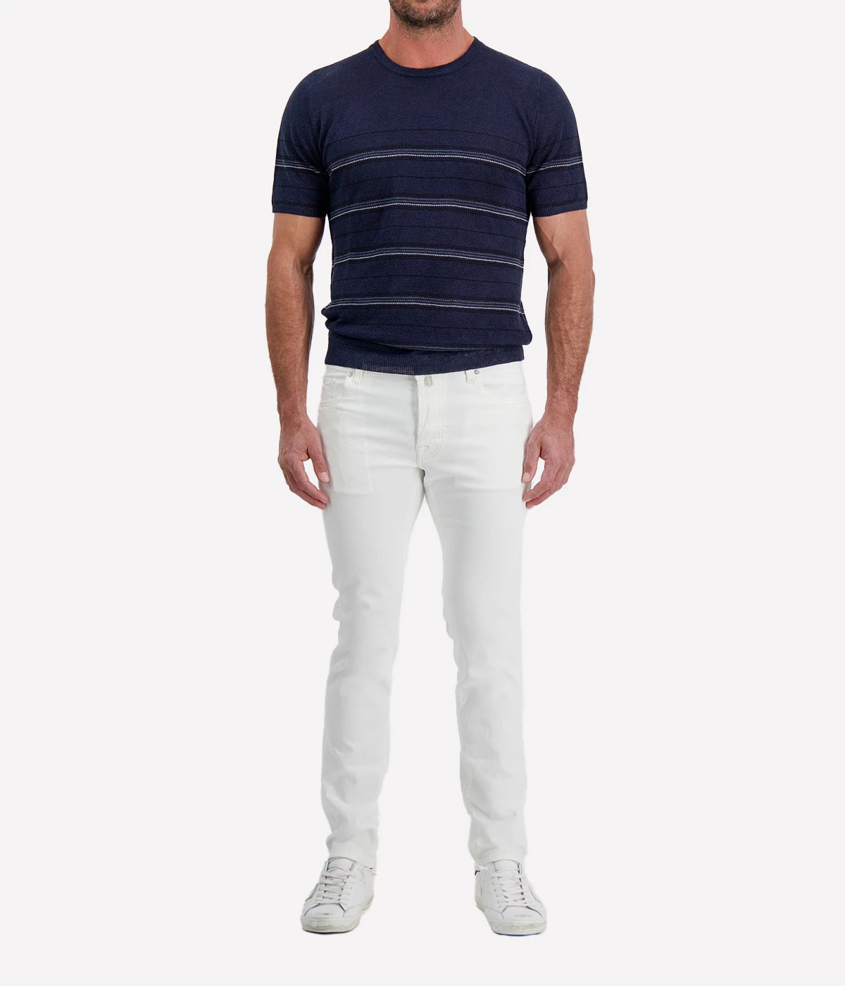 Roberto Collina Knit Short Sleeve Roundneck in Navy full length front view on model.