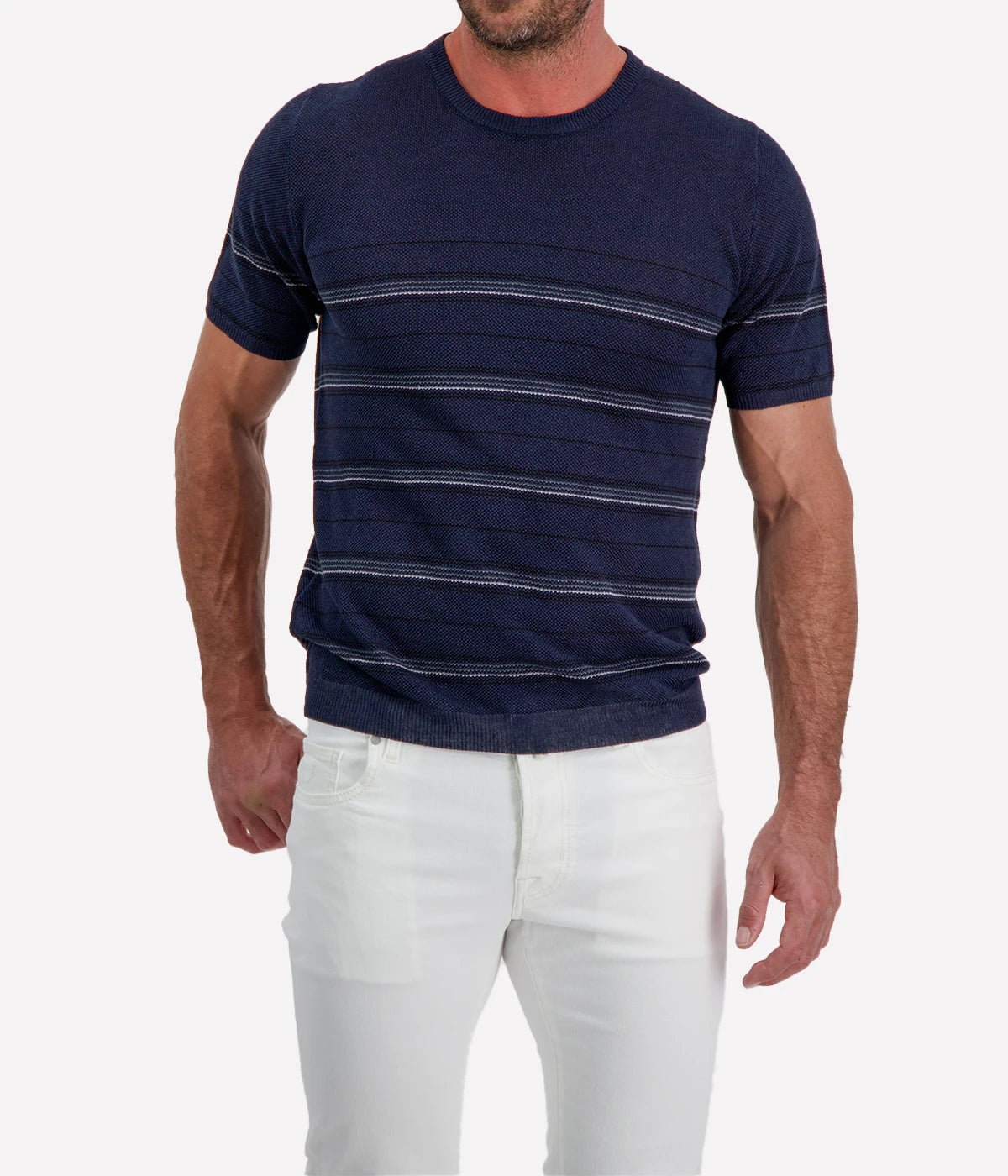 Roberto Collina Knit Short Sleeve Roundneck in Navy front view on model.