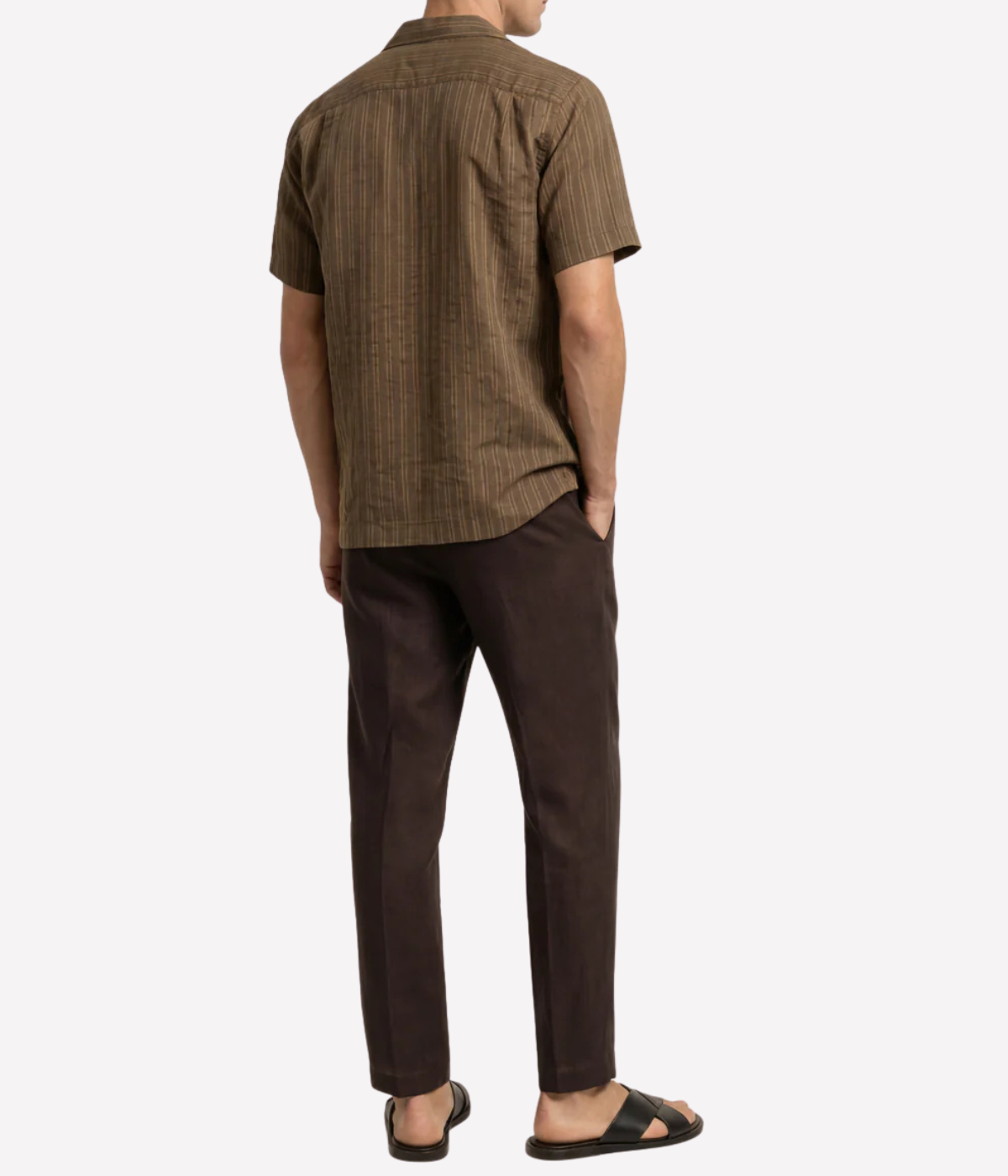 Orlebar Brown Maitan Villa Stripe Shirt in Bronze back view on model.
