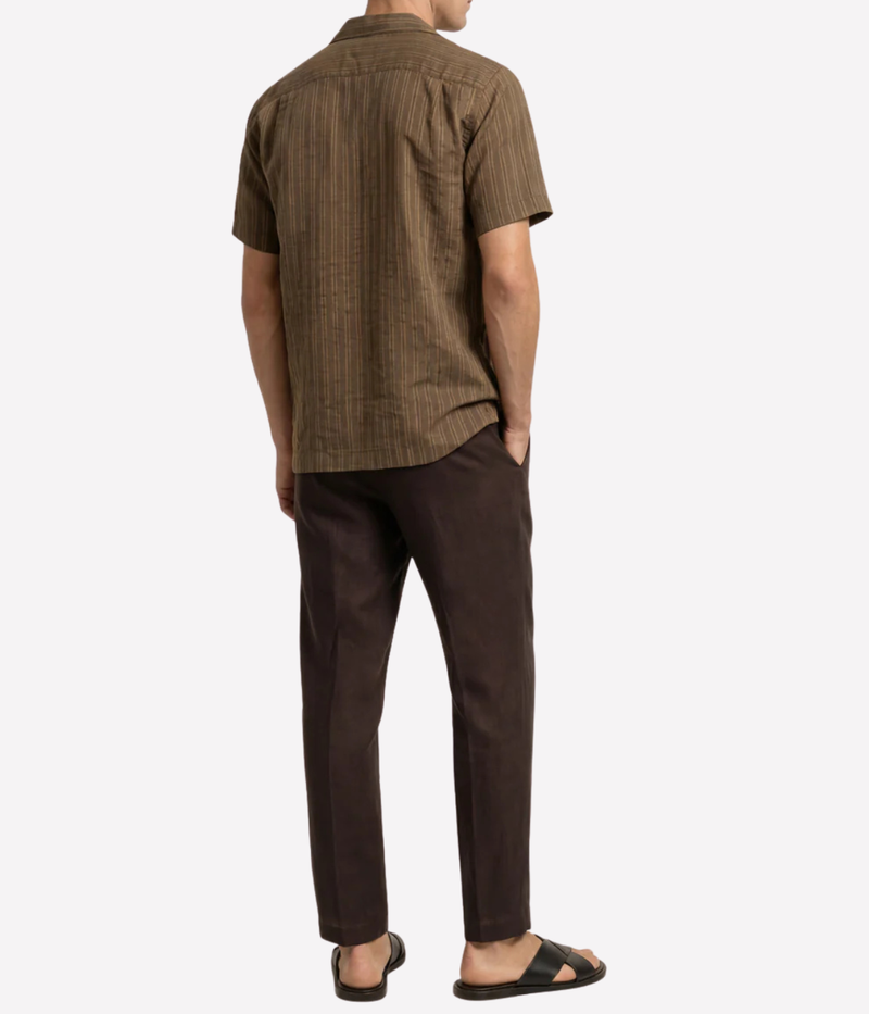 Orlebar Brown Maitan Villa Stripe Shirt in Bronze back view on model.