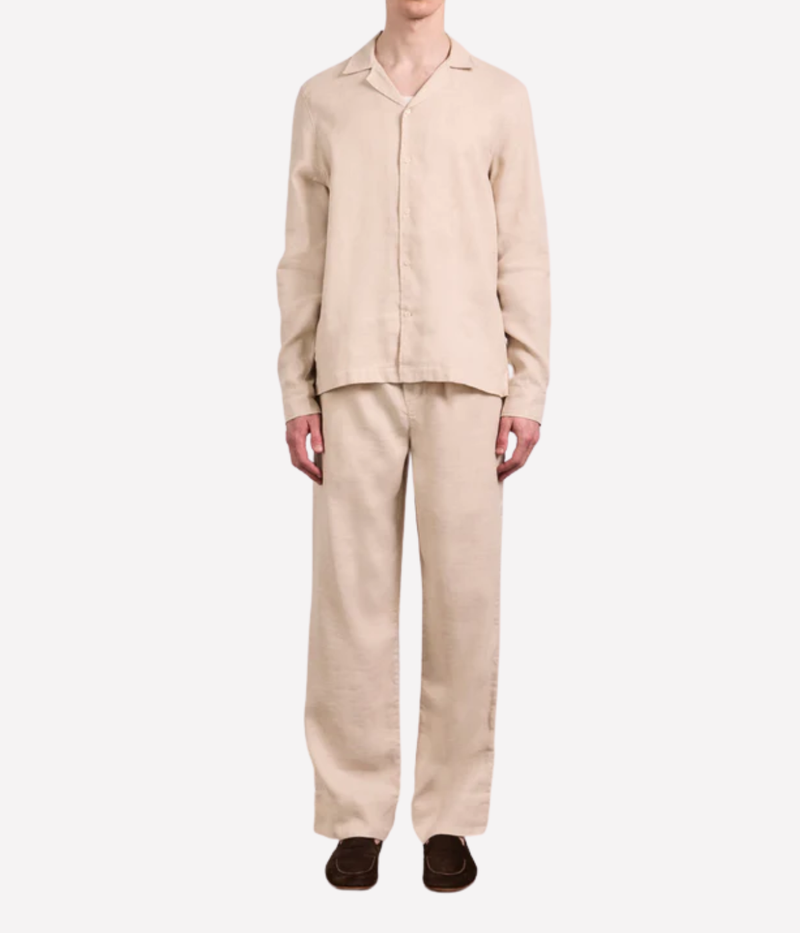 Frescobol Carioca Luan Linen Blend Relaxed Lounge Pants in Sand – Front View on Model Wide Leg Drawstring Trousers