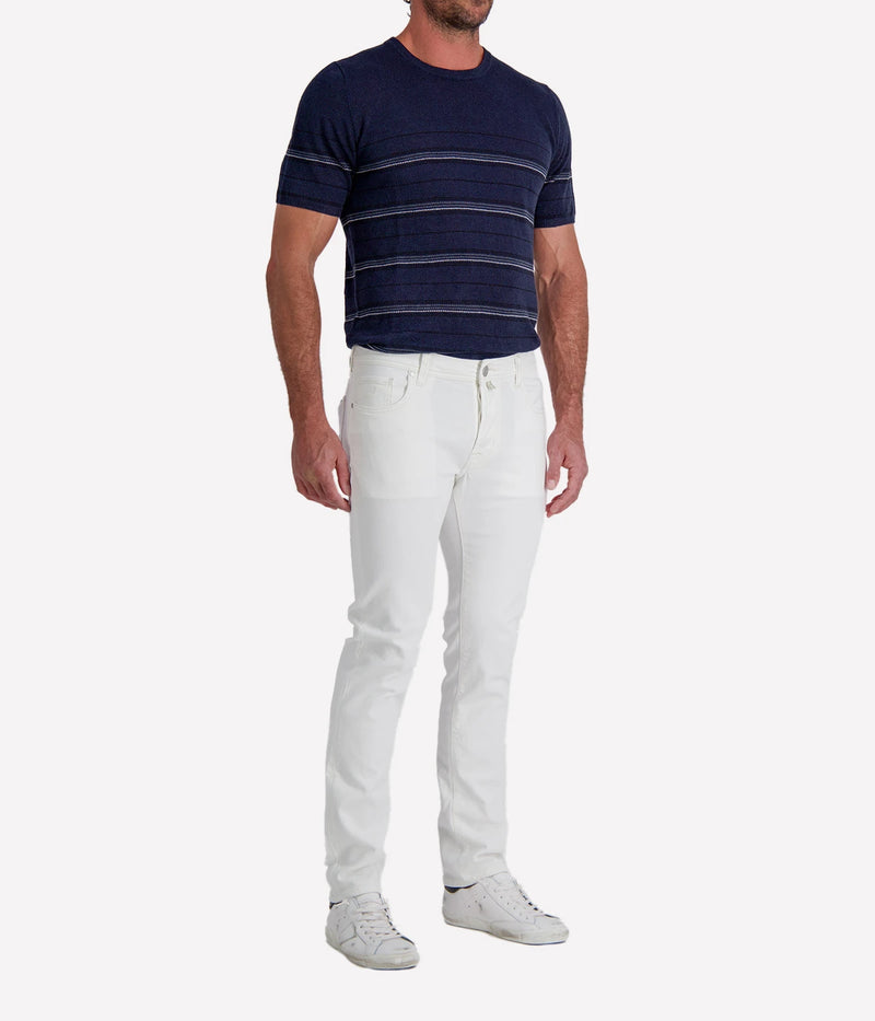 Jacob Cohën Bard Slim Fit Pant 5 PKT in W00D Off White Suede Patch - Angled View 5-Pocket Trousers