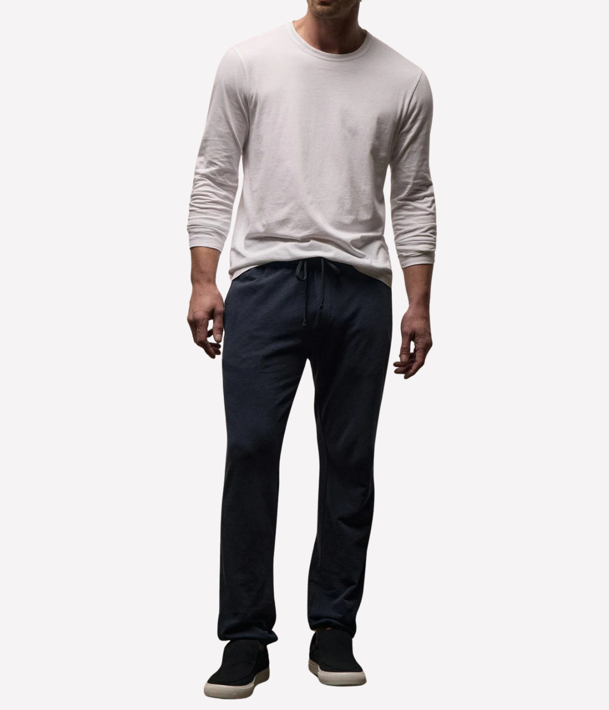 James Perse Vintage French Terry Sweatpant in Deep – full-length front view on model showcasing relaxed fit, elasticated drawstring waistband, and soft cotton French terry fabric.