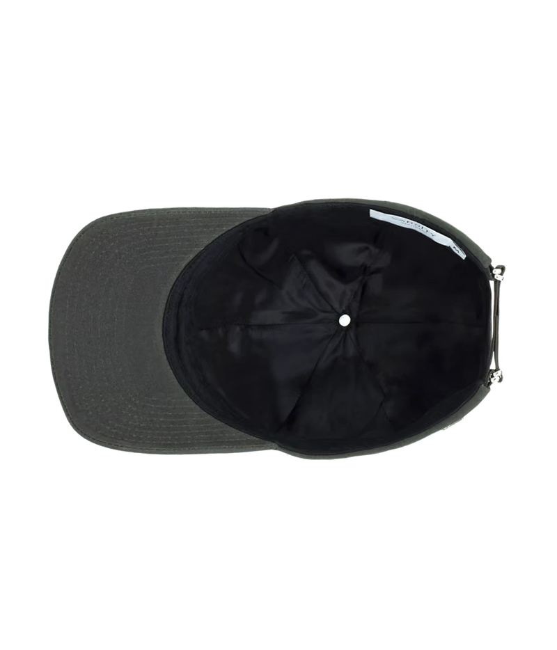Inside view of Varsity Headwear Oilskin Legacy Structured Cap in Ivy Green showing the taped seams, lining and underside of the brim