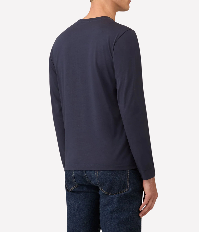Sunspel Long Sleeve Riviera T-Shirt in Navy worn on model back view showing streamlined slim silhouette