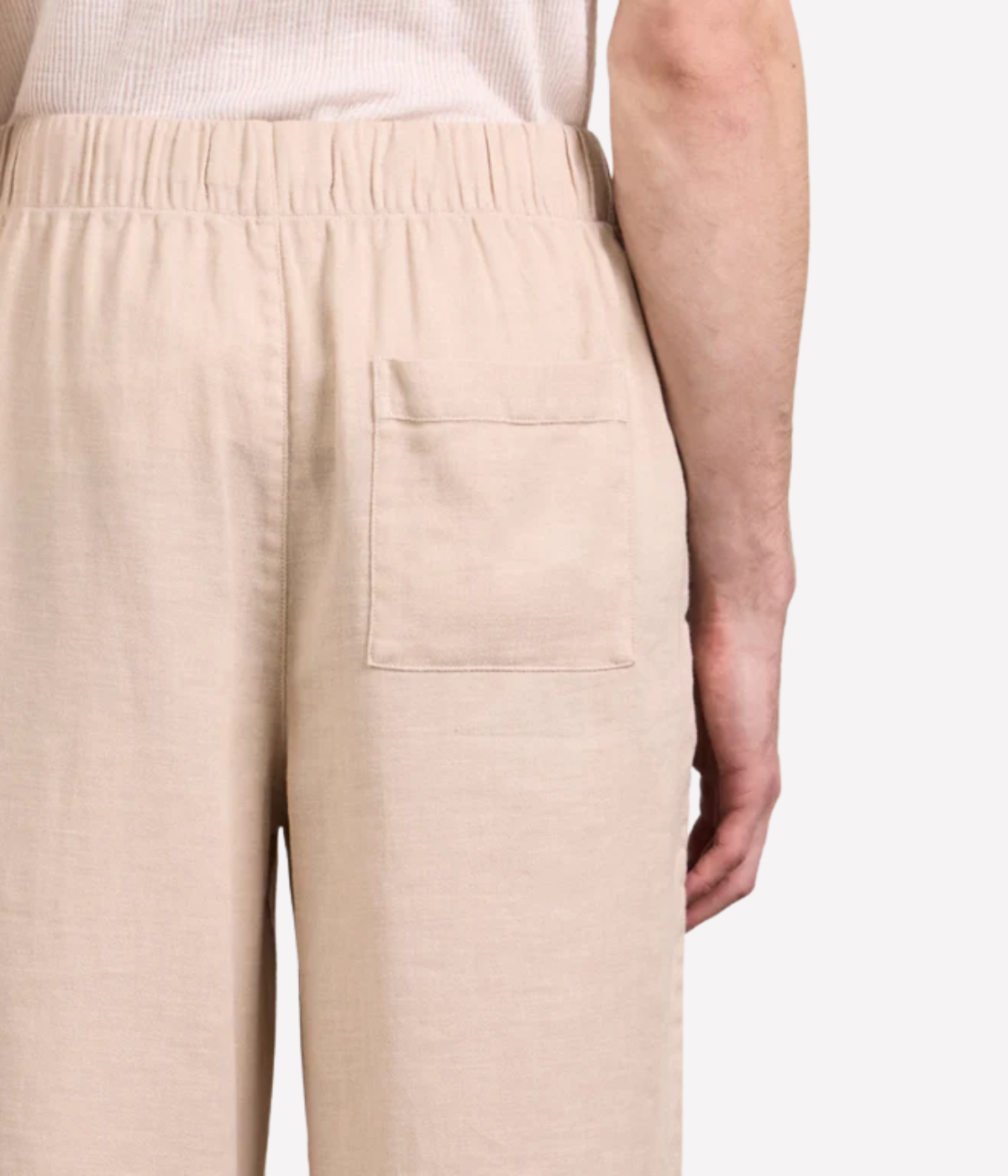Frescobol Carioca Luan Linen Blend Relaxed Lounge Pants in Sand – Back View on back pocket Wide Leg Drawstring Trousers