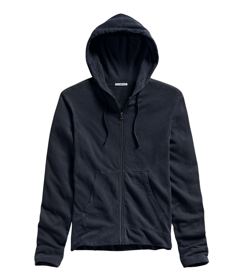 James Perse Vintage French Terry Zip Hoodie in Deep – flat lay product shot displaying zip-front design, drawcord hood, and lightweight cotton French terry fabric.