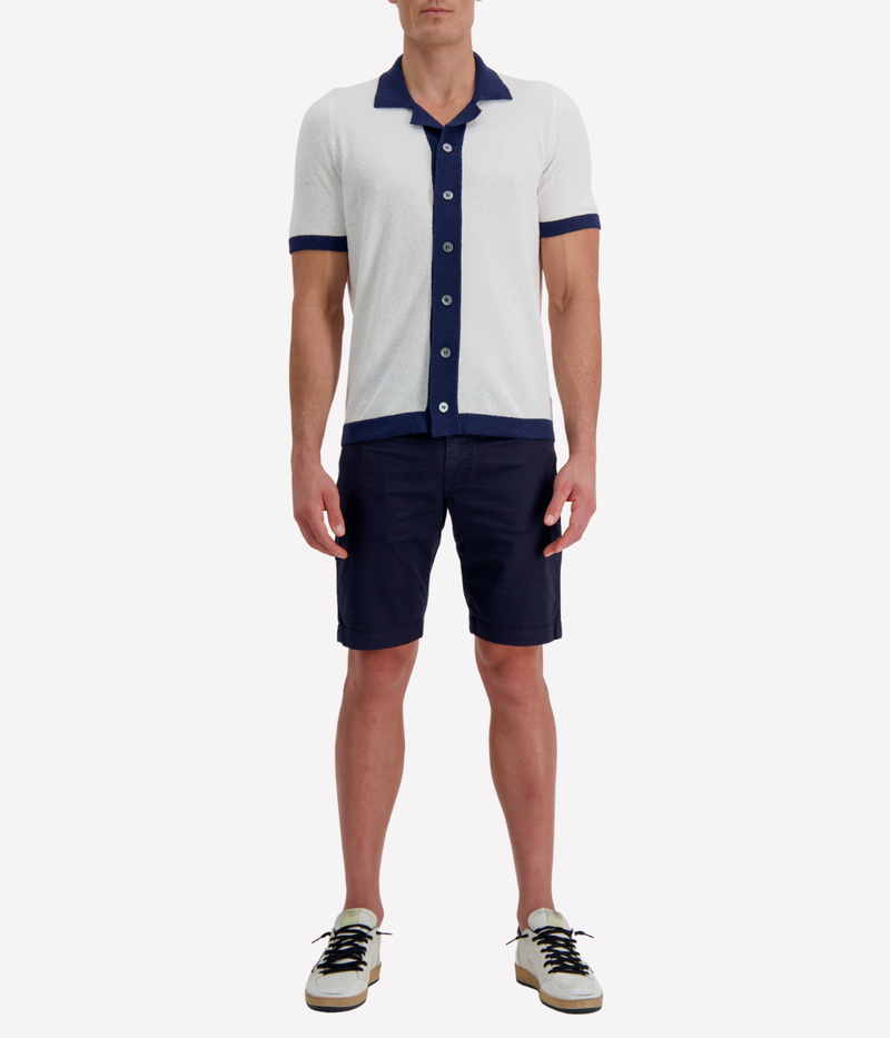 Short Sleeve Boucle Shirt in White Navy Contrast