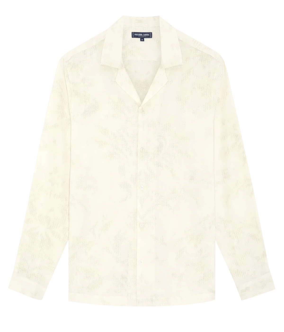 Men’s long-sleeve camp collar shirt in off-white jacquard cotton-viscose blend with relaxed fit and rattan-inspired texture.