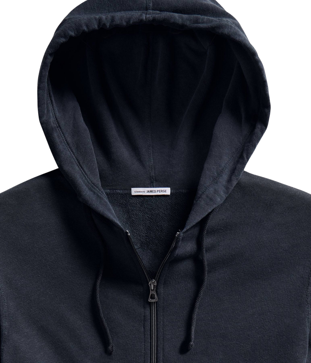 Hood detail close-up
James Perse Vintage French Terry Zip Hoodie in Deep – close-up of drawcord hood highlighting relaxed styling and lightweight construction.