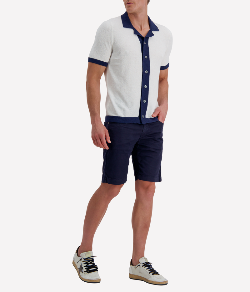 Short Sleeve Boucle Shirt in White Navy Contrast