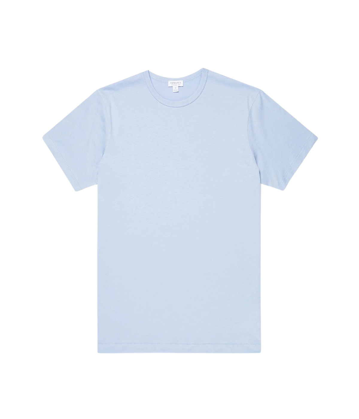 Sunspel Short Sleeve Crew Neck T-Shirt in Sky flat lay view of slim-fit Supima cotton crew neck tee