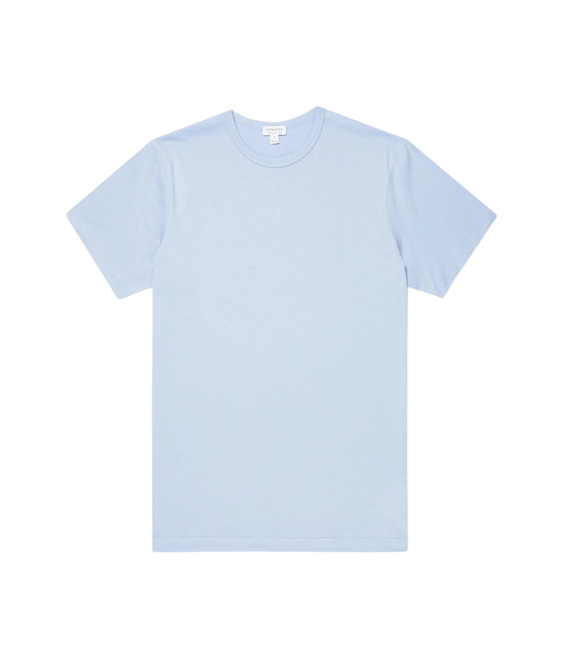 Sunspel Short Sleeve Crew Neck T-Shirt in Sky flat lay view of slim-fit Supima cotton crew neck tee
