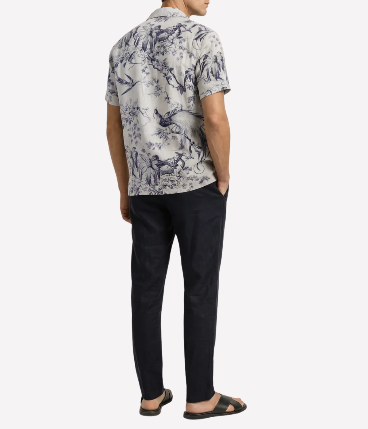 Orlebar Brown Maitan Linen Zephra Shirt in Aero Blue back view on model.