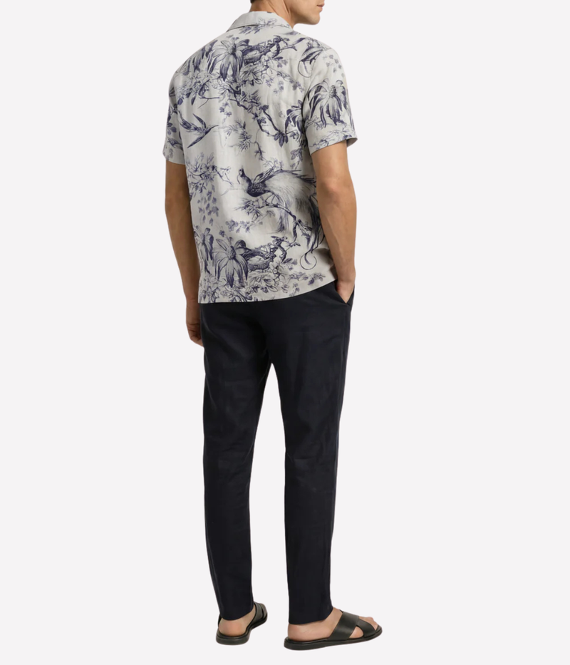 Orlebar Brown Maitan Linen Zephra Shirt in Aero Blue back view on model.