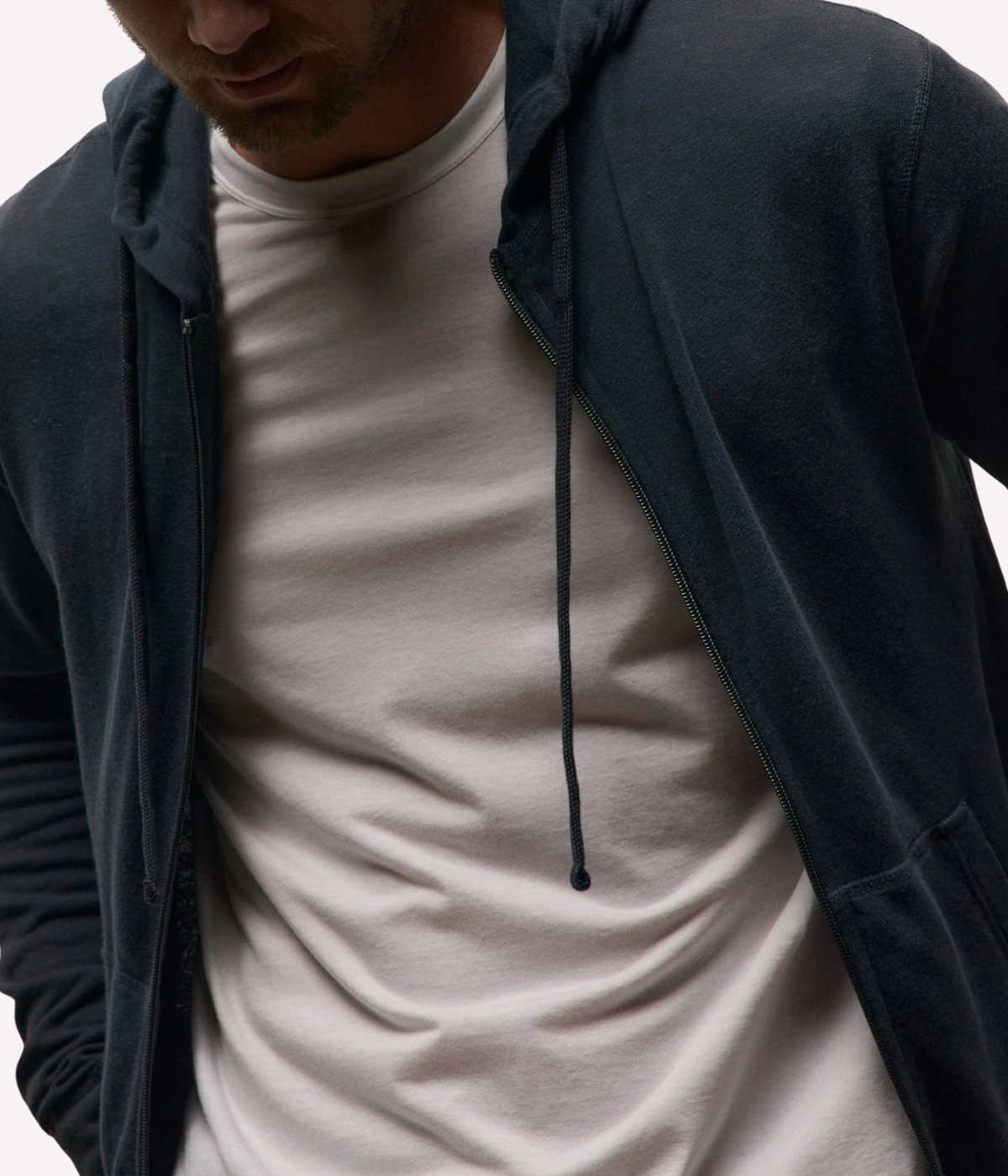 James Perse Vintage French Terry Zip Hoodie in Deep – close-up of front zip closure showcasing clean construction and garment-dyed finish.