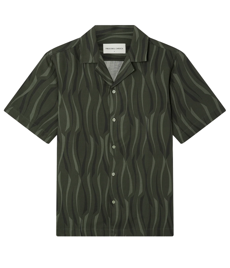 A Frescobol Carioca Roberto Short Sleeve Linen-Blend Shirt in Cove Green, featuring a dark olive green and black wavy vertical stripe pattern, shown flat on a white background.
