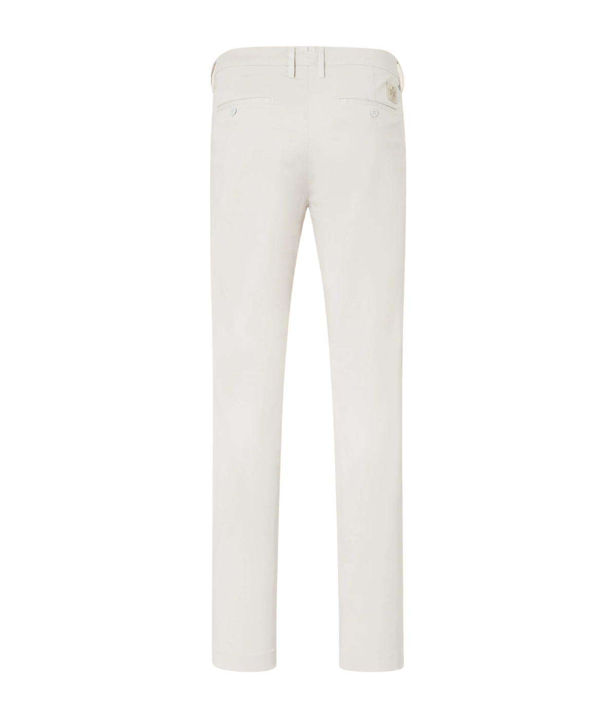 Jacob Cohen Pantalone Slim Fit Bobby in Off White flat lay back view full length featuring white suede logo patch