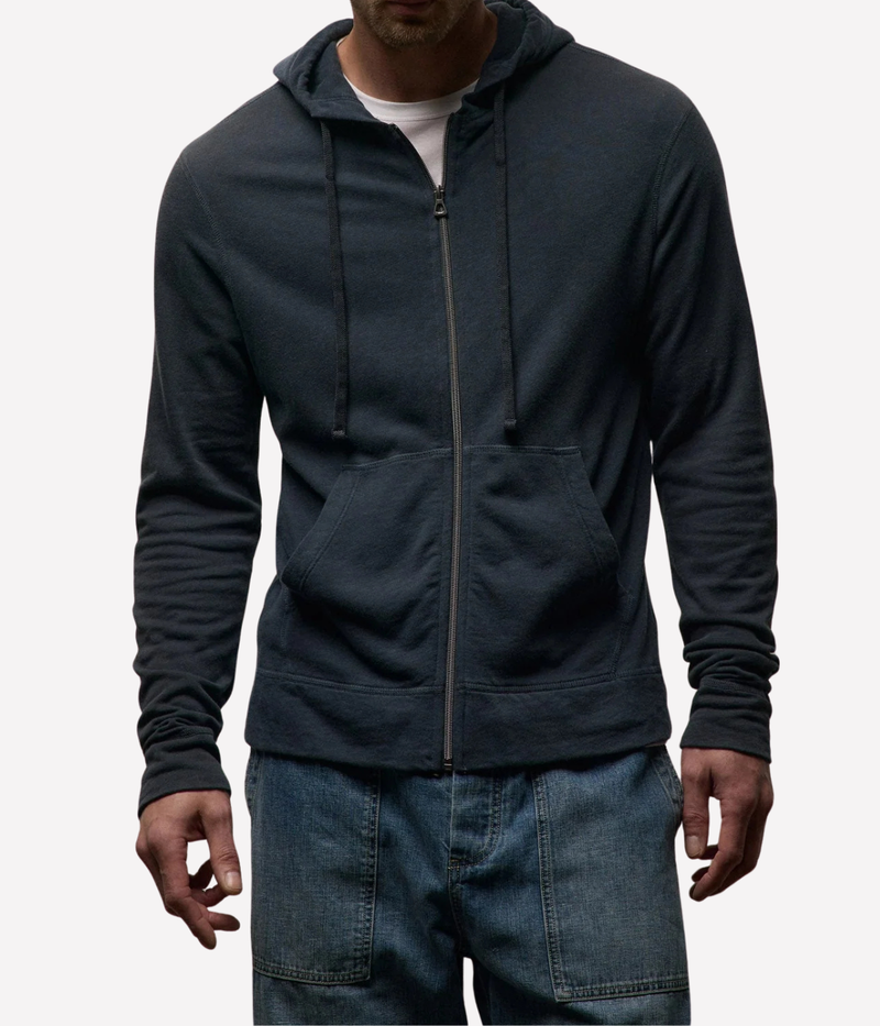 James Perse Vintage French Terry Zip Hoodie in Deep – upper body view on model highlighting zip-front closure, drawcord hood, and patch pocket detailing.