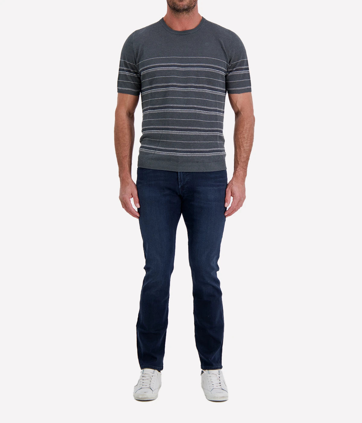 Roberto Collina Knit Short Sleeve Roundneck in Charcoal Full Length front view on model.