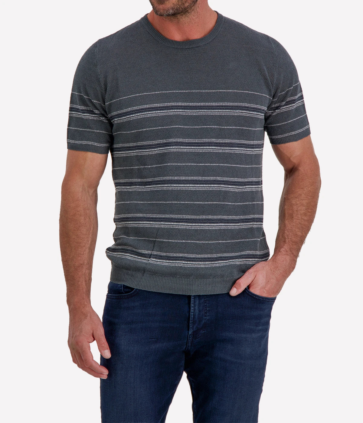 Roberto Collina Knit Short Sleeve Roundneck in Charcoal front view on model.