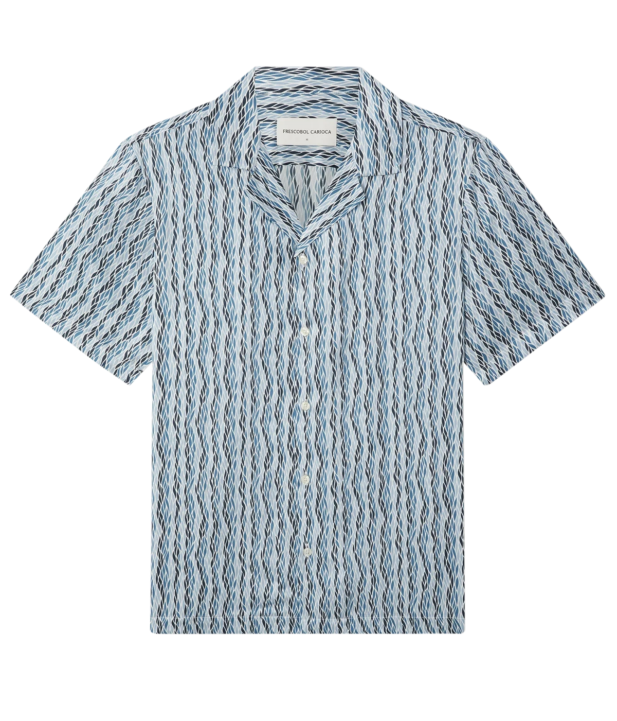 A short-sleeve button-up camp shirt by Frescobol Carioca Roberto Short Sleeve Silk Shirt in Denim Blue, featuring a vertical wavy stripe pattern in light blue, white, and black, displayed flat against a white background.