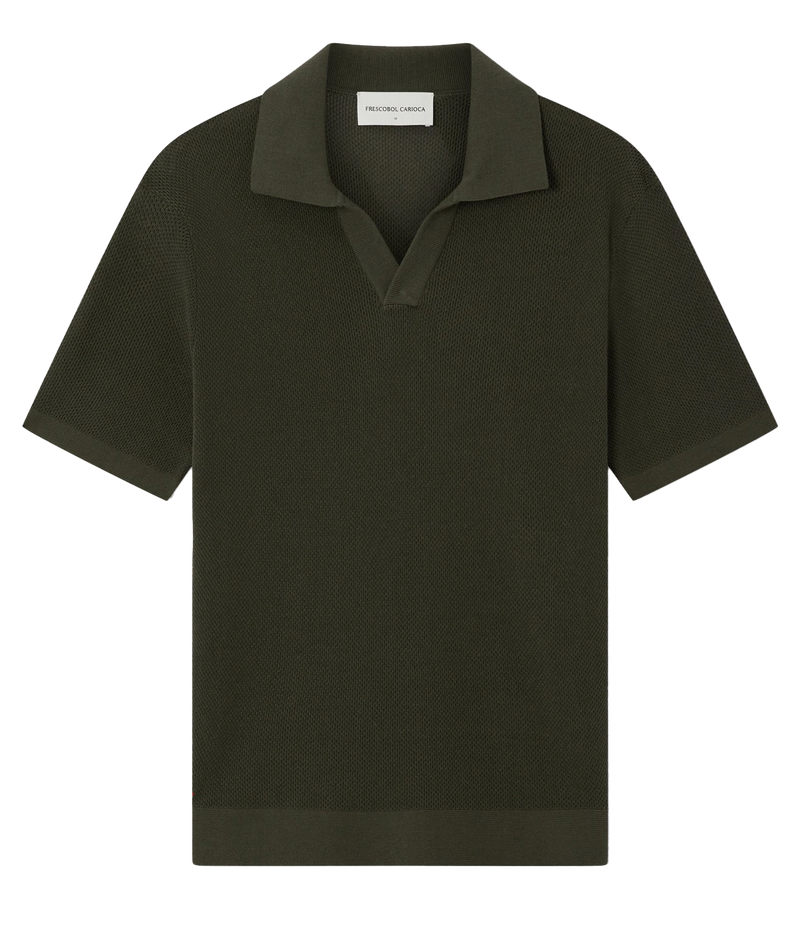 A Frescobol Carioca Rino Short Sleeve Cotton Polo in Cove Green with a textured knit fabric, displayed flat against a solid white background.