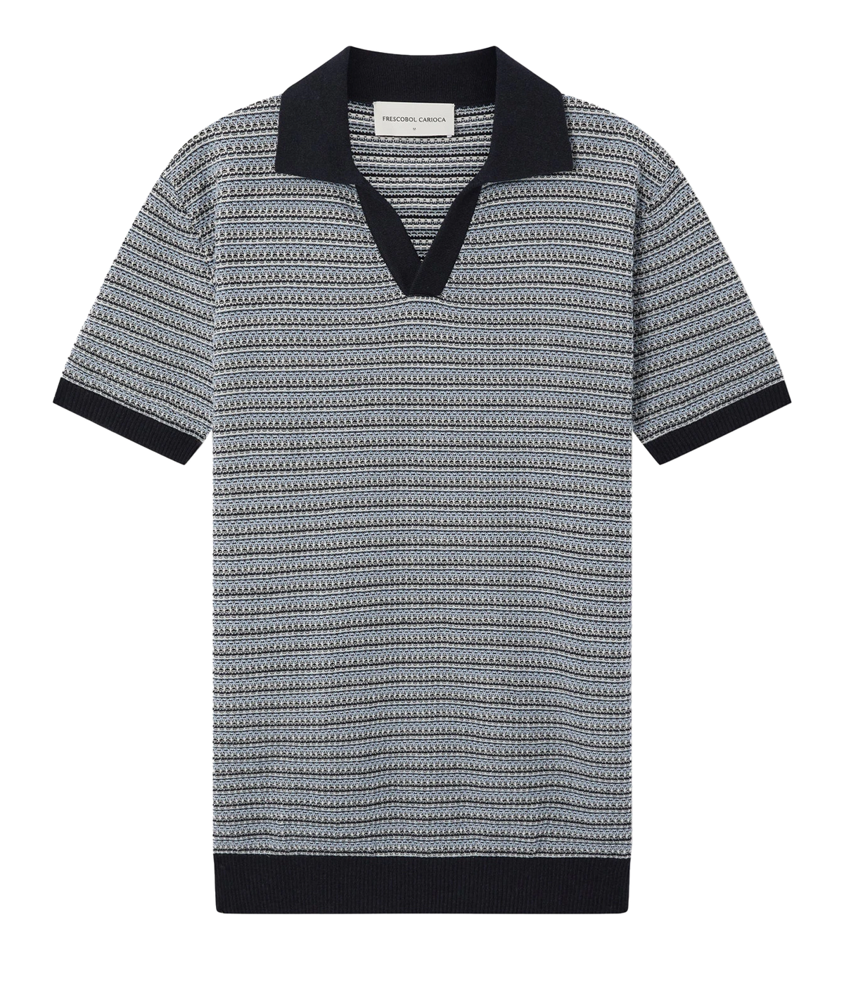 Frescobol Carioca Rino Short Sleeve Cotton Polo in Navy, featuring a navy, grey and navy geometric pattern, a solid navy V-neck collar, navy sleeve cuffs, and a black hem, shown on a plain white background.