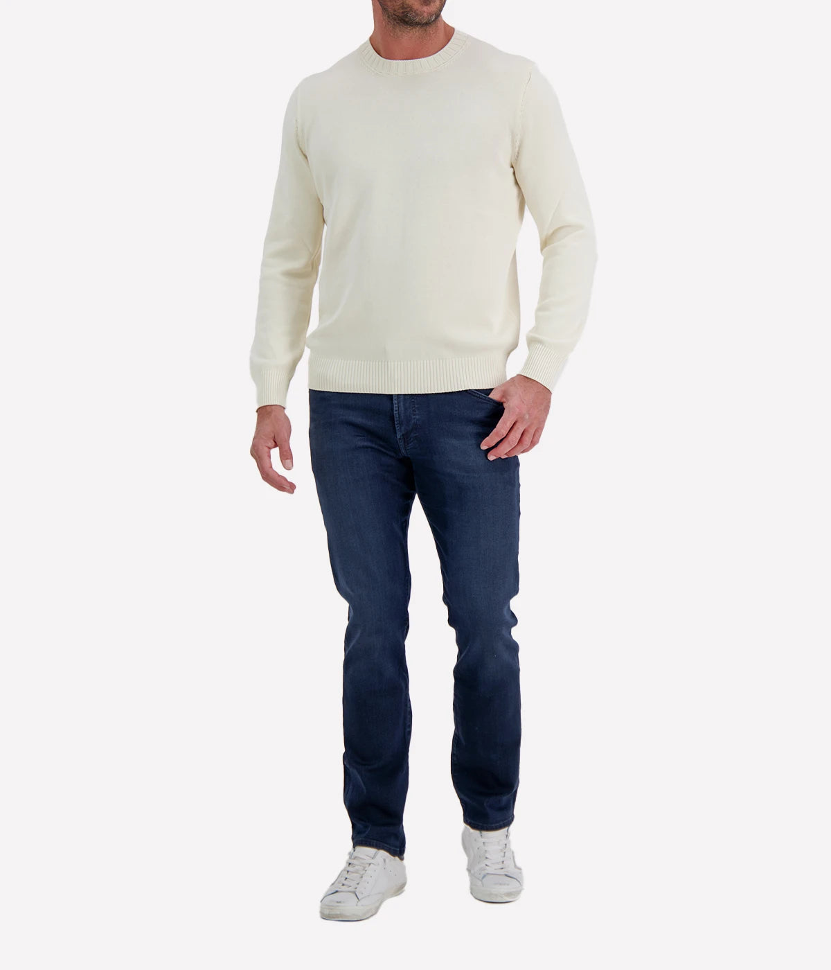 Gran Sasso Crew Long Sleeve in Off White – Front View 2-Ply Egyptian Cotton Knit