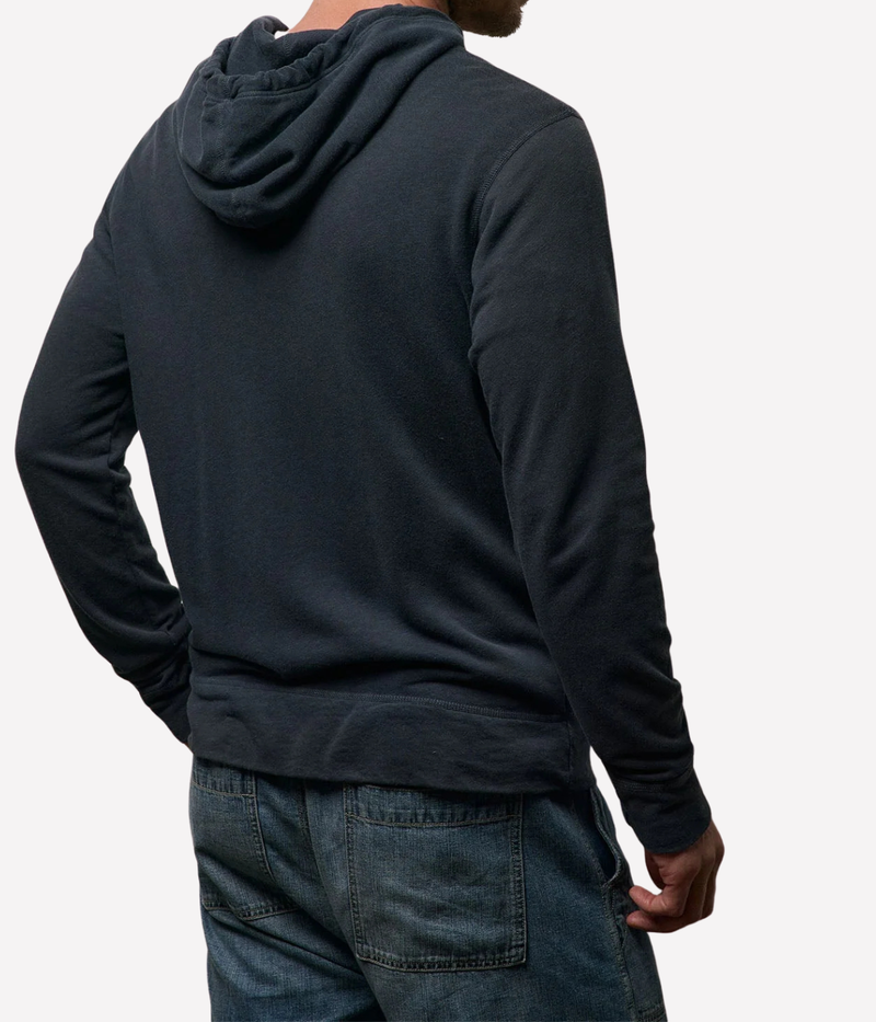 James Perse Vintage French Terry Zip Hoodie in Deep – upper back view on model showcasing hood construction and relaxed fit.